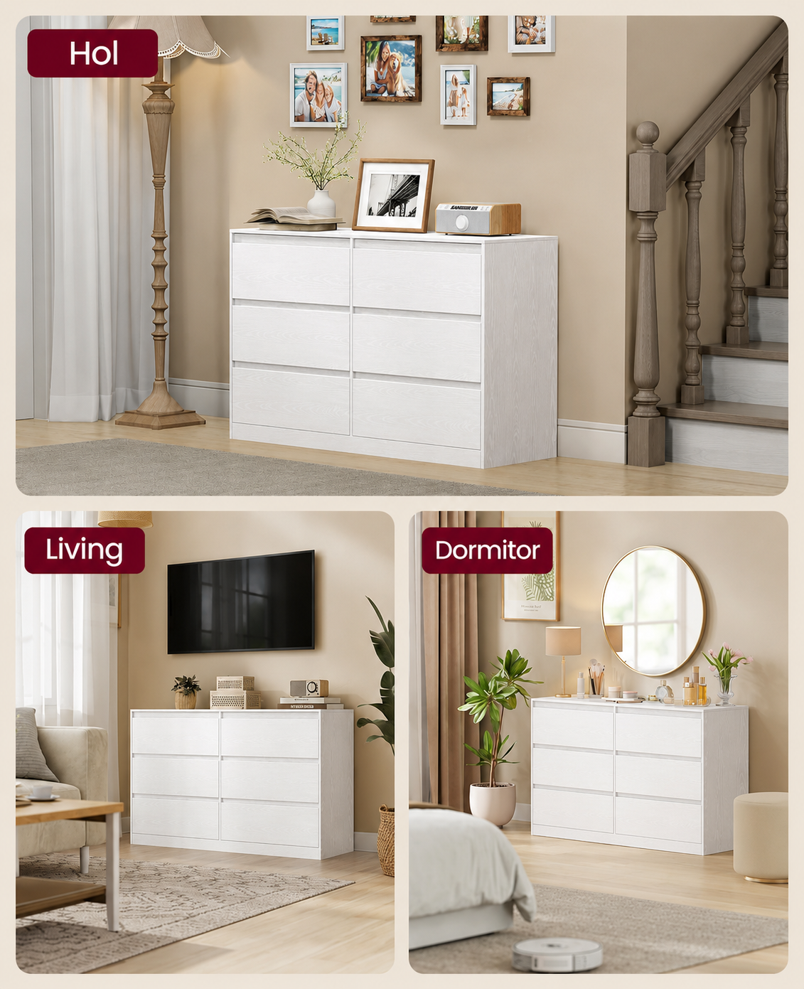 VASAGLE Comoda cu 6 sertare, design modern minimalist, PAL si MDF, 119x40x75 cm, alb - imagine 3