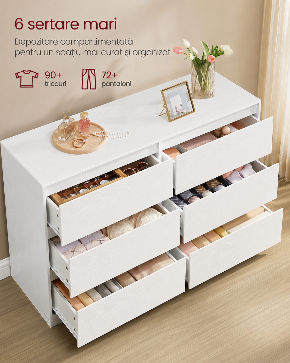 VASAGLE Comoda cu 6 sertare, design modern minimalist, PAL si MDF, 119x40x75 cm, alb - imagine 5