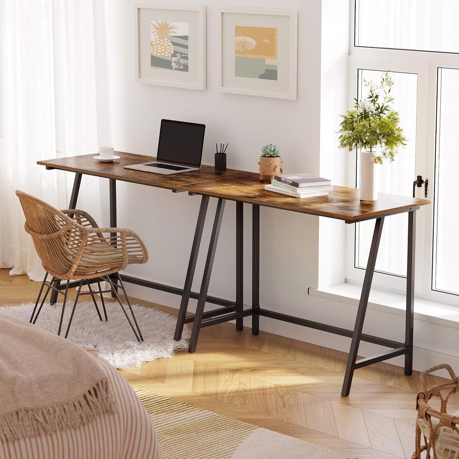 VASAGLE Birou cu cadru metalic, stil industrial, 100x50x75 cm, maro rustic - imagine 2