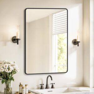 SONGMICS Oglinda de perete dreptunghiulara pentru baie sau living, rama din aluminiu, montaj pe orizontala sau verticala, 91x61 cm, negru