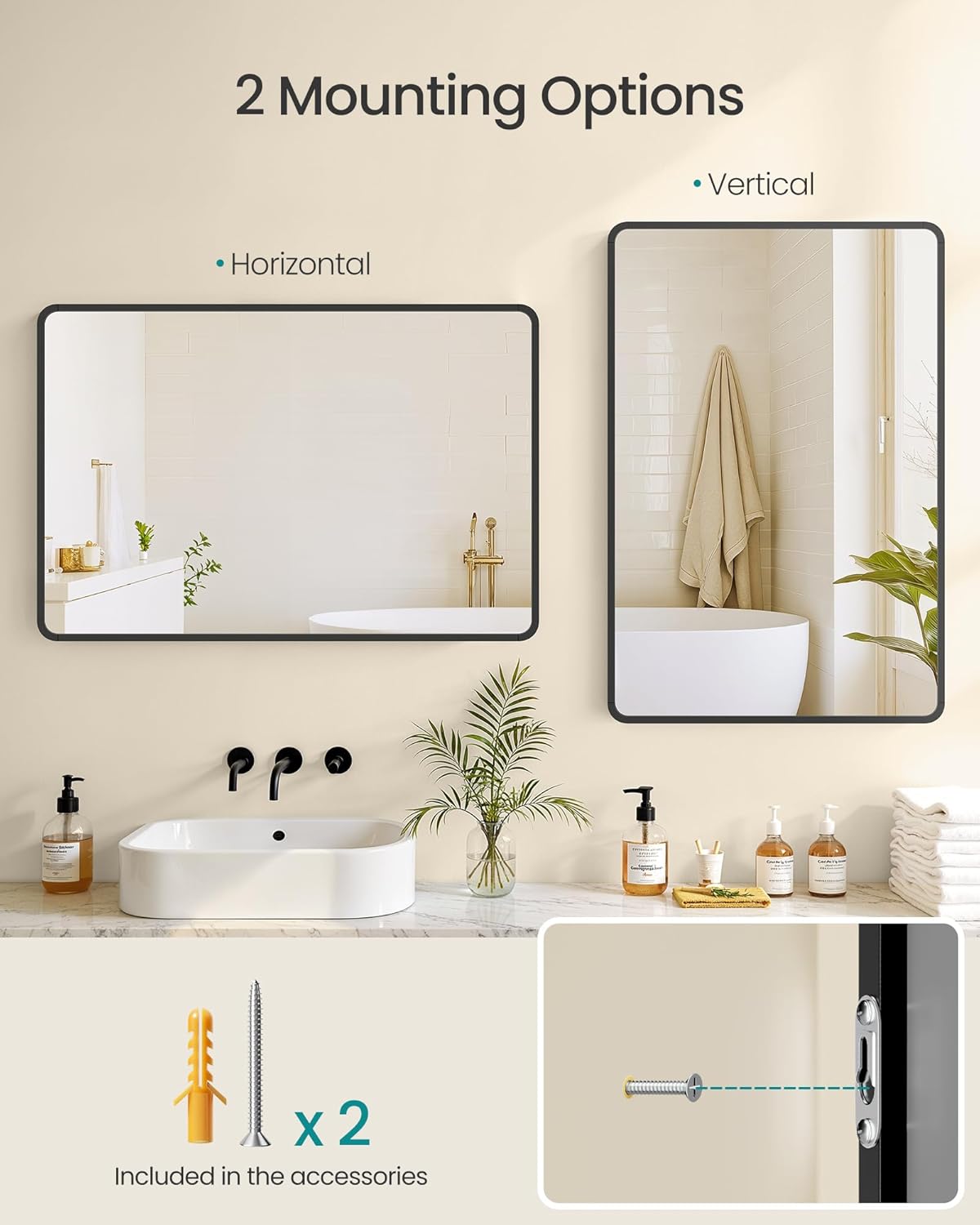 SONGMICS Oglinda de perete dreptunghiulara pentru baie sau living, rama din aluminiu, montaj pe orizontala sau verticala, 91x61 cm, negru - imagine 7
