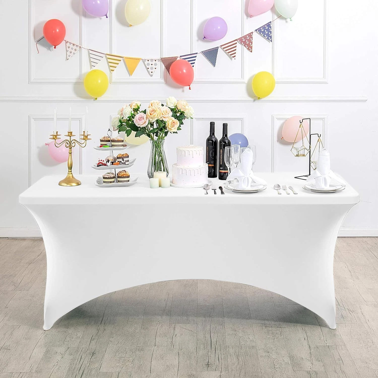 Husa elastica pentru masa gradina sau evenimente, poliester si spandex, 183x76x74 cm, alb - imagine 6