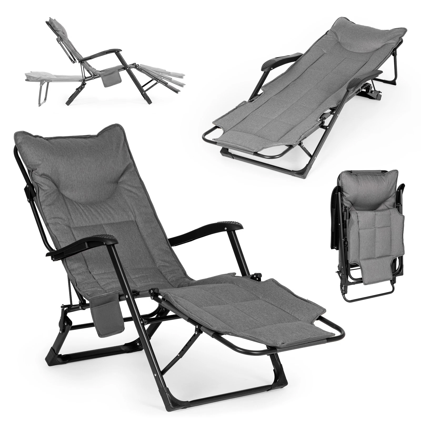 Sezlong gradina pliabil 2 in 1 cu suport telefon si buzunar lateral, material moale matlasat, maxim 150 kg, 180x63x90 cm, gri - imagine 2