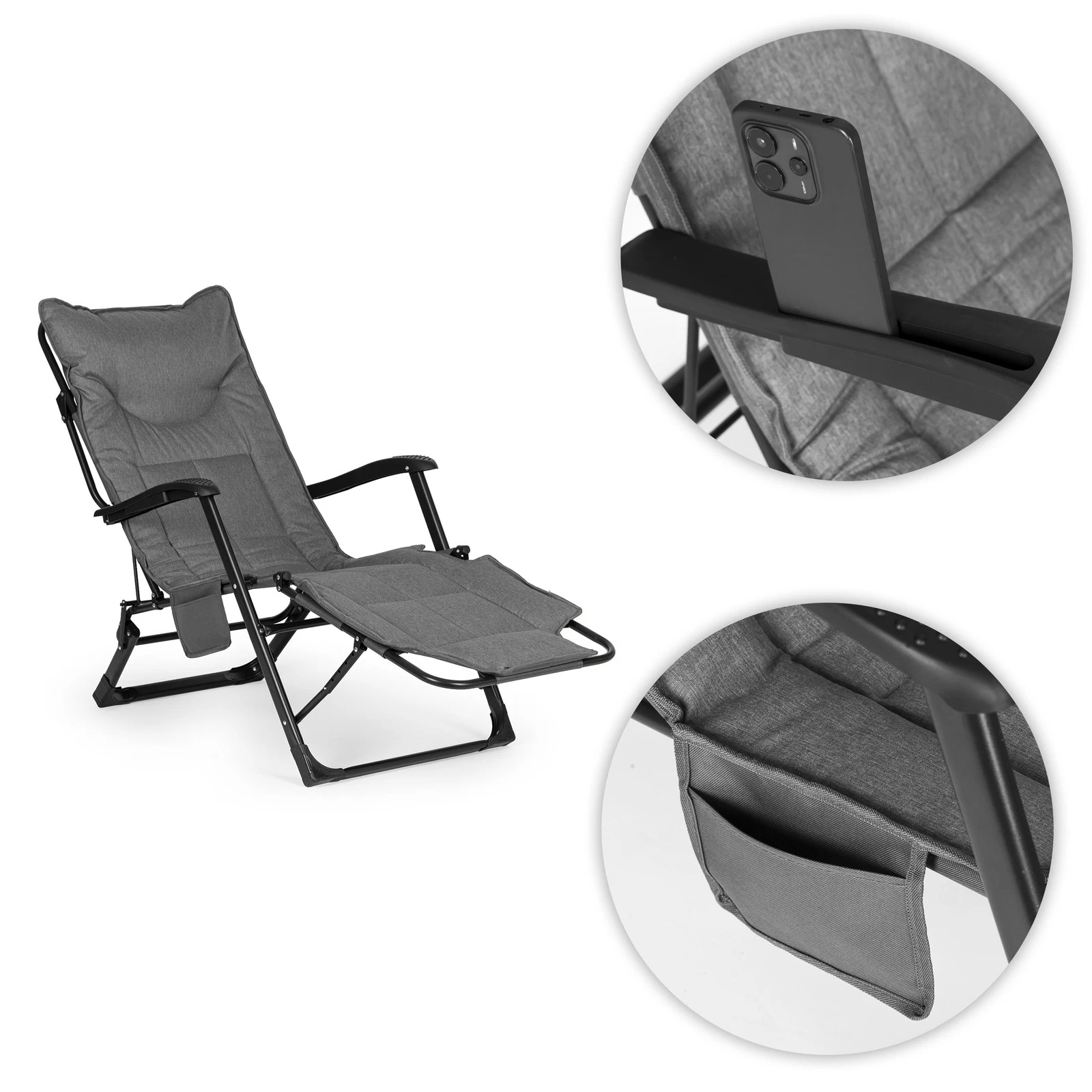Sezlong gradina pliabil 2 in 1 cu suport telefon si buzunar lateral, material moale matlasat, maxim 150 kg, 180x63x90 cm, gri - imagine 7