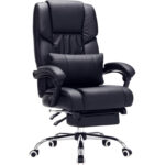 SONGMICS Scaun birou ergonomic, cu suport picioare retractabil, spatar reglabil 135°, maxim 150 kg, 70x70x125 cm, negru