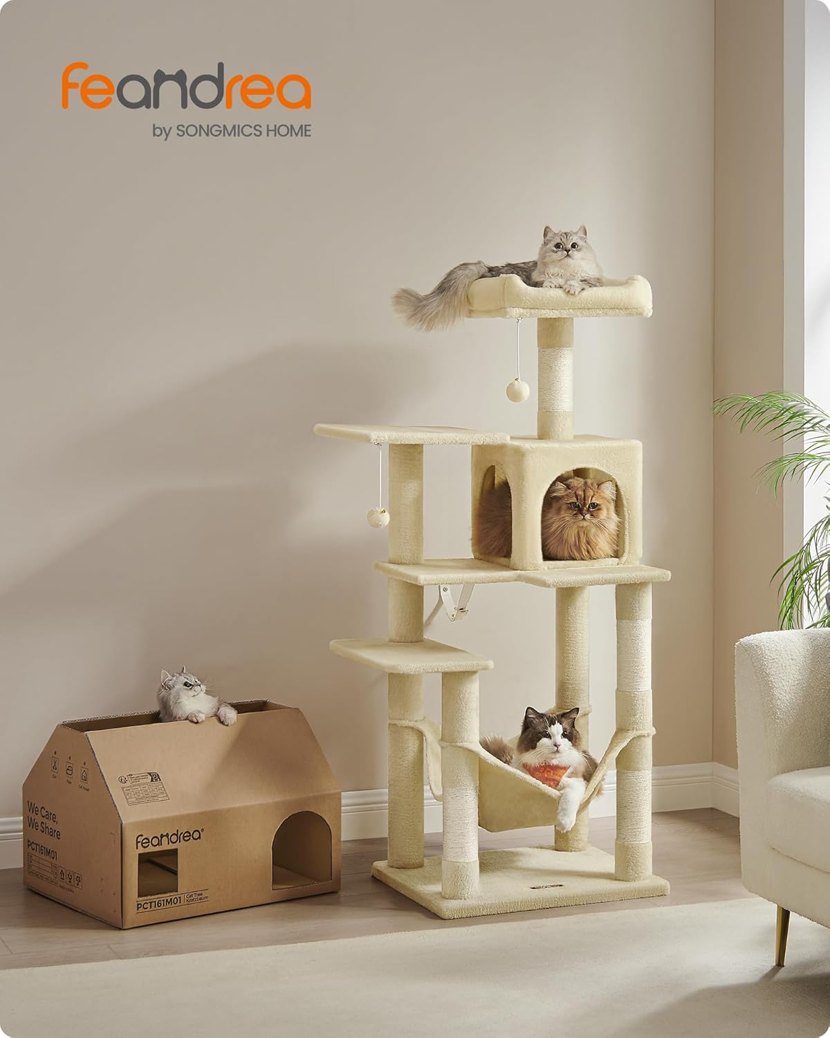 FEANDREA Ansamblu joaca pentru pisici cu 2 platforme, pestera, hamac si stalpi sisal, 55x45x143 cm, bej - imagine 2