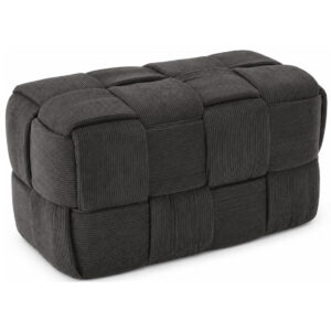 Taburet dreptunghiular tapitat cu material reiat, design impletit, 52x28x28 cm, gri inchis