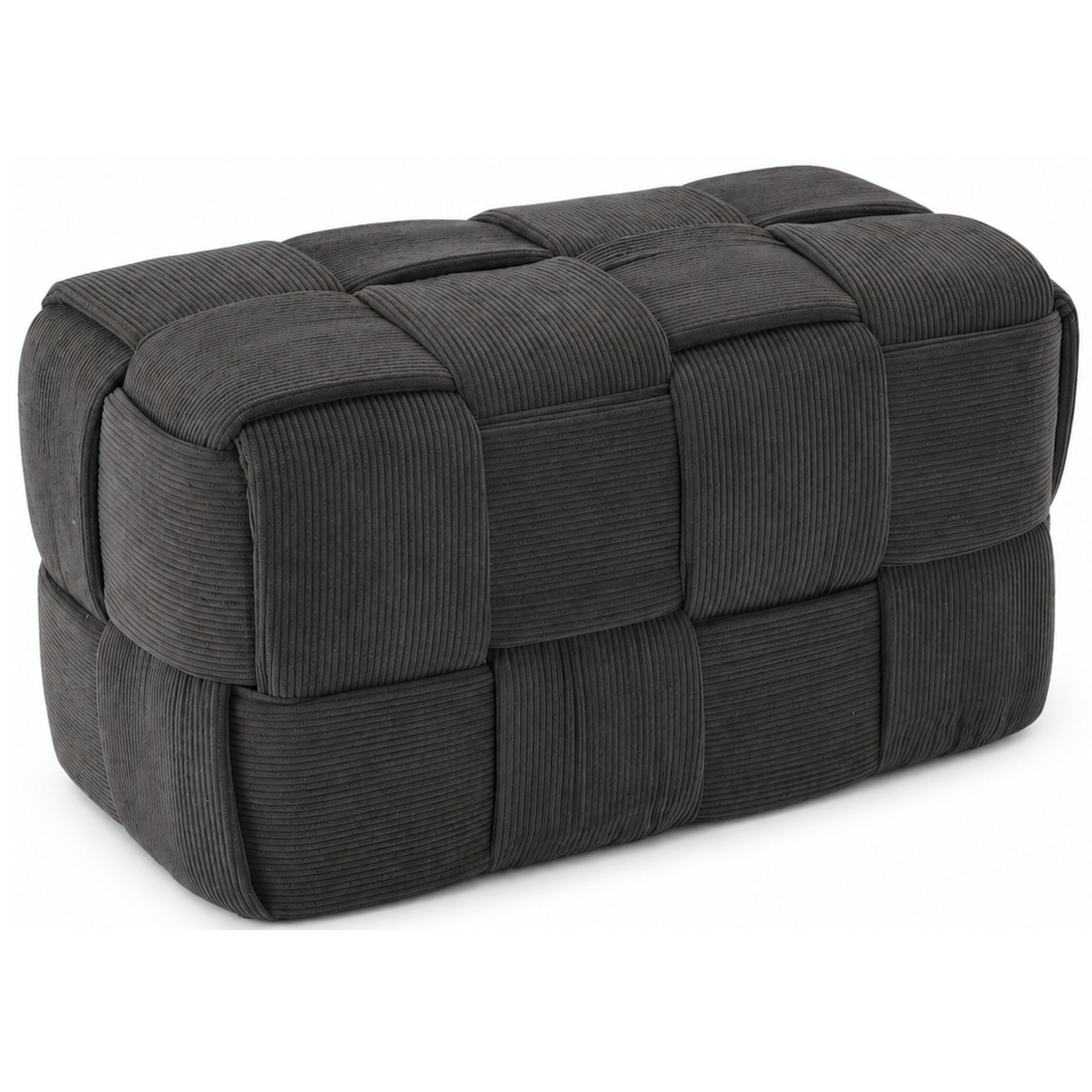 Taburet dreptunghiular tapitat cu material reiat, design impletit, 52x28x28 cm, gri inchis