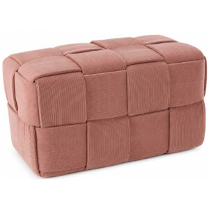 Taburet dreptunghiular tapitat cu material reiat, design impletit, 72x38x38 cm, roz