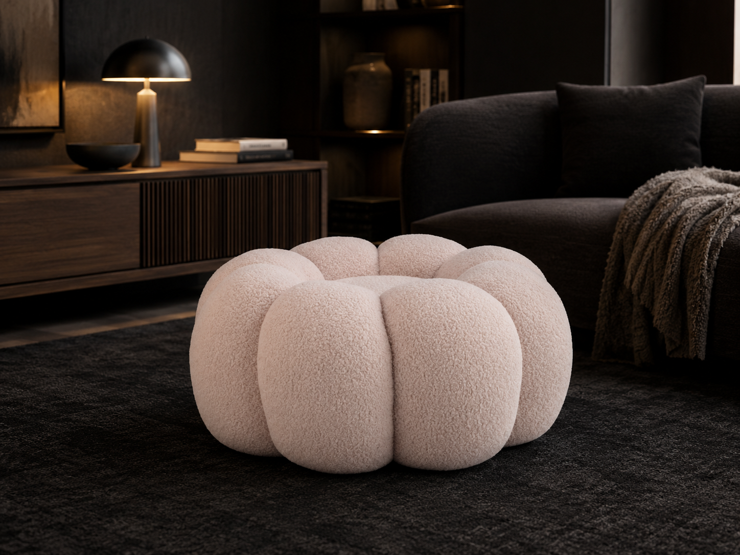 Taburet decorativ cu forma de floare, plusat, 65x30 cm, roz - imagine 3