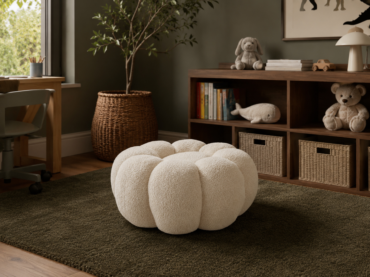 Taburet decorativ cu forma de floare, plusat, 65x30 cm, bej - imagine 3