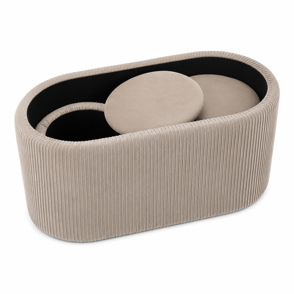 Set 3 tabureti cu spatiu de depozitare, design modern striat, 80x40x40 cm si 30x31 cm, bej - imagine 3