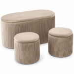 Set 3 tabureti cu spatiu de depozitare, design modern striat, 80x40x40 cm si 30x31 cm, bej
