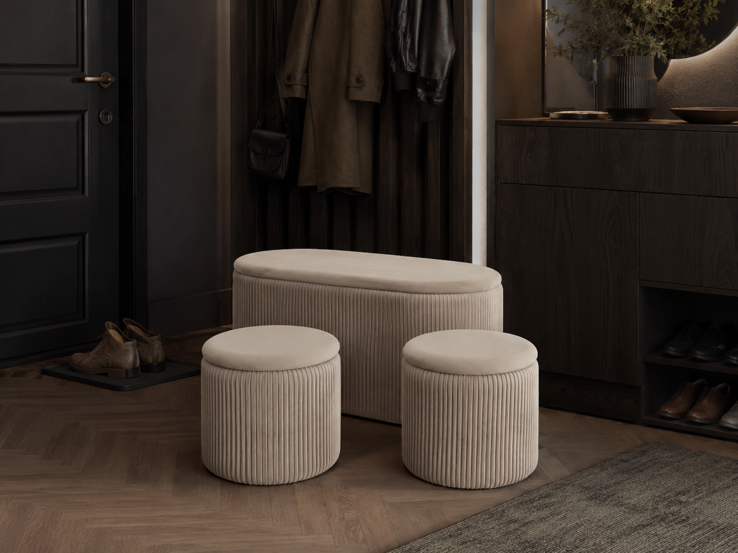 Set 3 tabureti cu spatiu de depozitare, design modern striat, 80x40x40 cm si 30x31 cm, bej - imagine 7