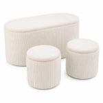 Set 3 tabureti cu spatiu de depozitare, design modern striat, 80x40x40 cm si 30x31 cm, alb