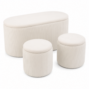 Set 3 tabureti cu spatiu de depozitare, design modern striat, 80x40x40 cm si 30x31 cm, alb