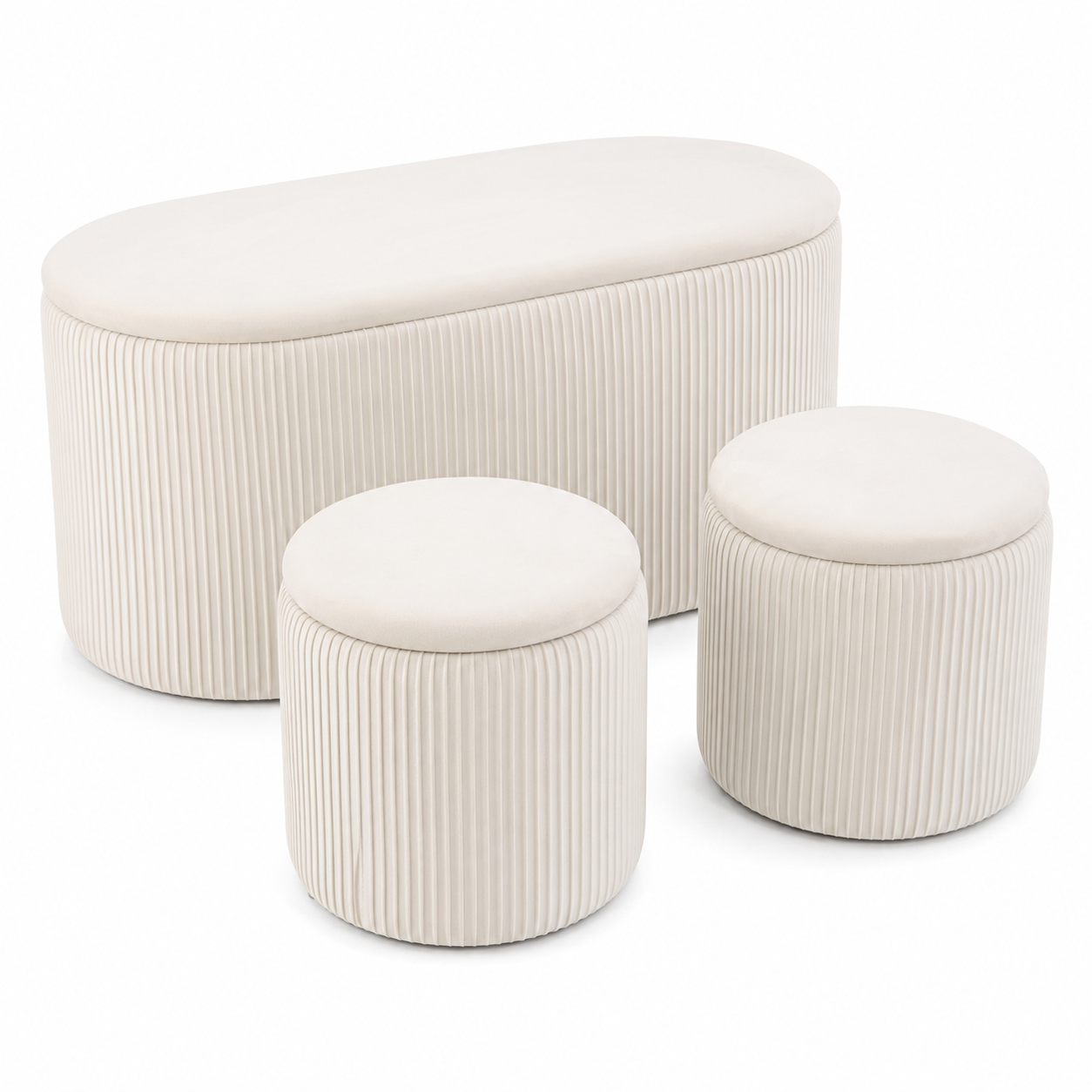 Set 3 tabureti cu spatiu de depozitare, design modern striat, 80x40x40 cm si 30x31 cm, alb