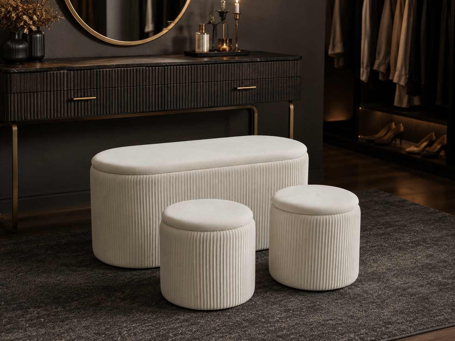 Set 3 tabureti cu spatiu de depozitare, design modern striat, 80x40x40 cm si 30x31 cm, alb - imagine 7