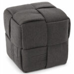 Taburet cub, tapitat cu material reiat, design impletit, 34x34x34 cm, gri