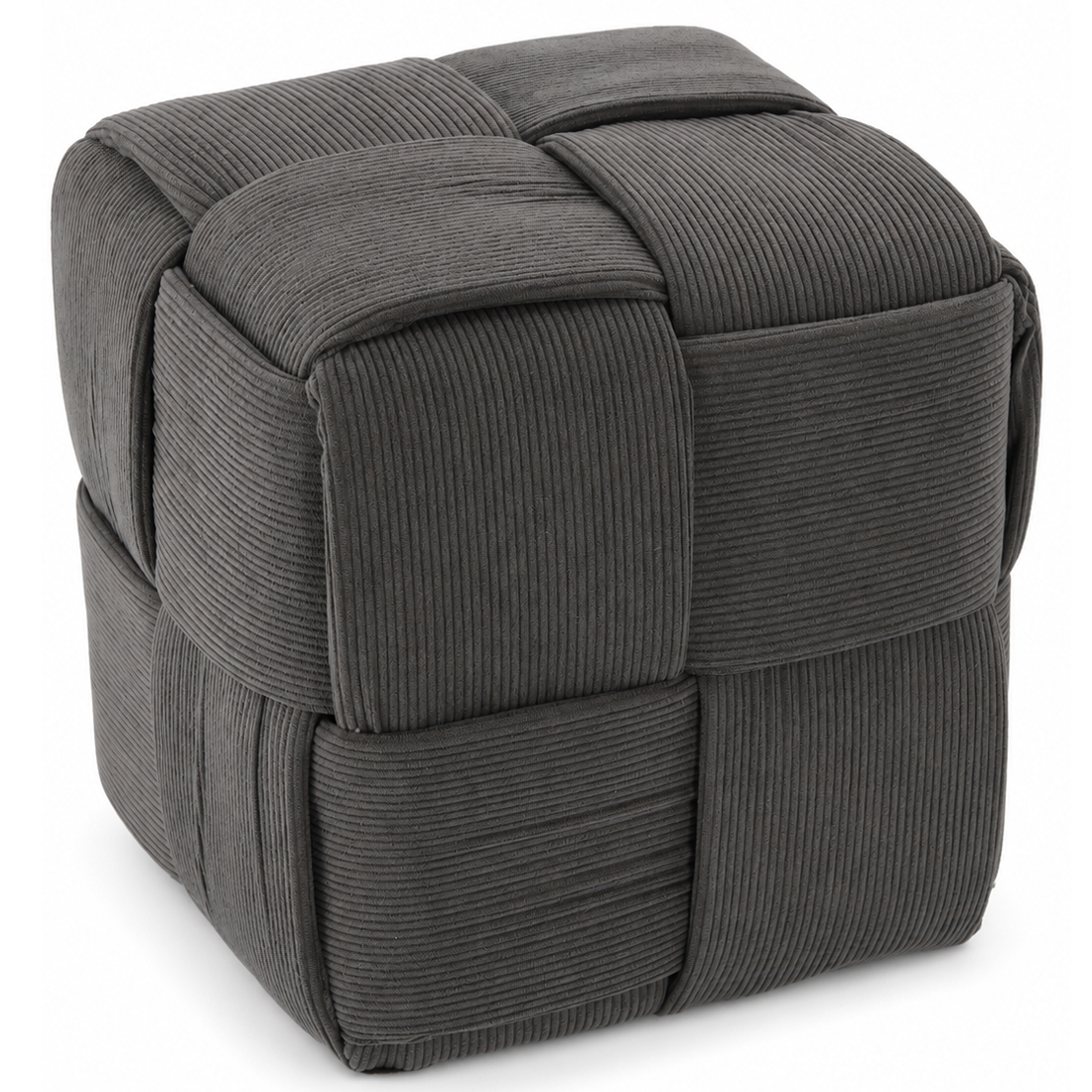 Taburet cub, tapitat cu material reiat, design impletit, 34x34x34 cm, gri
