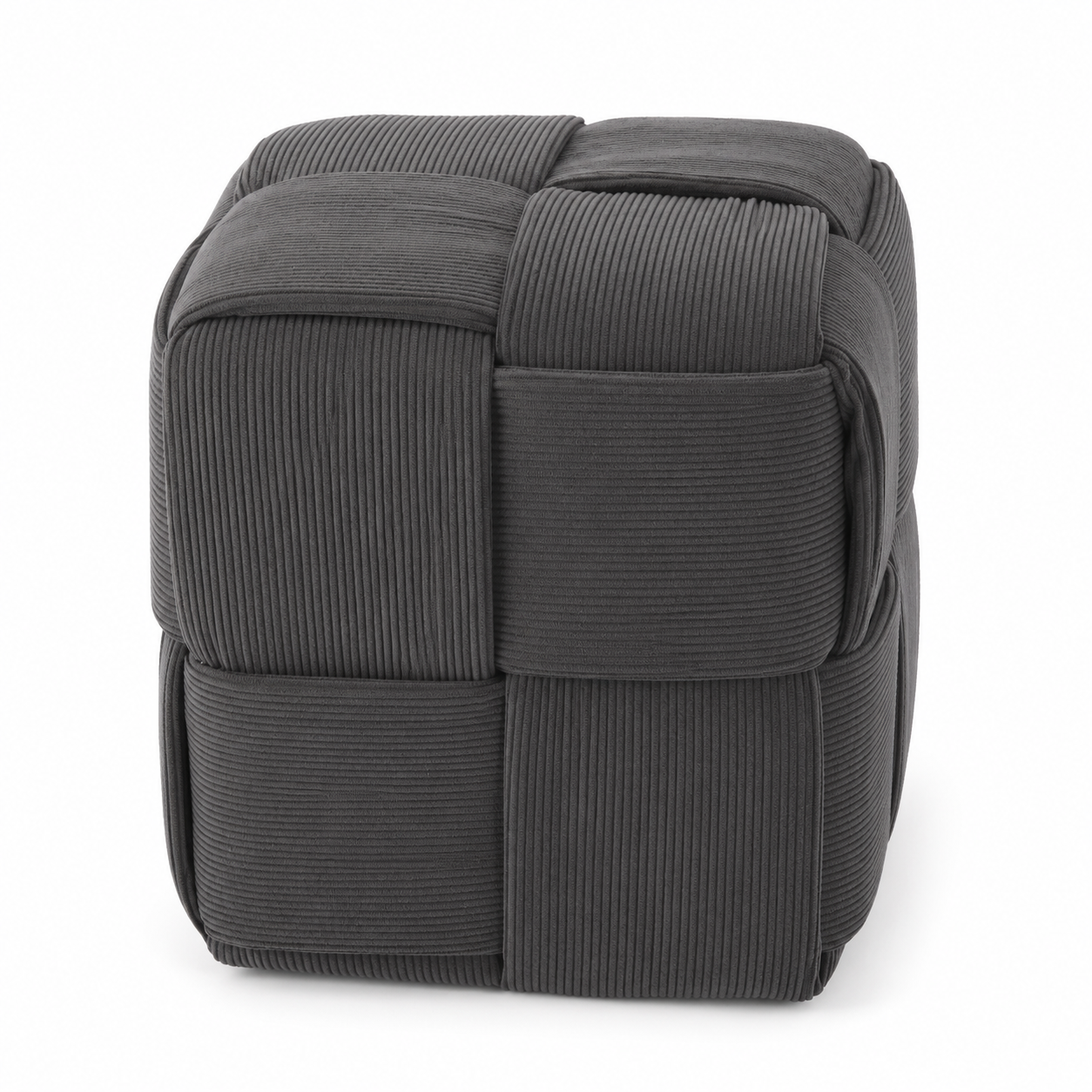 Taburet cub, tapitat cu material reiat, design impletit, 34x34x34 cm, gri - imagine 2
