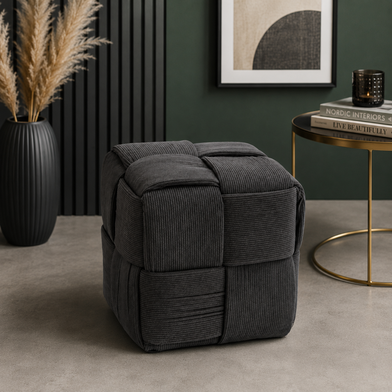 Taburet cub, tapitat cu material reiat, design impletit, 34x34x34 cm, gri - imagine 4