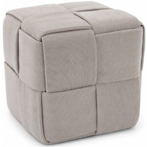Taburet cub, tapitat cu material reiat, design impletit, 43x43x43 cm, gri