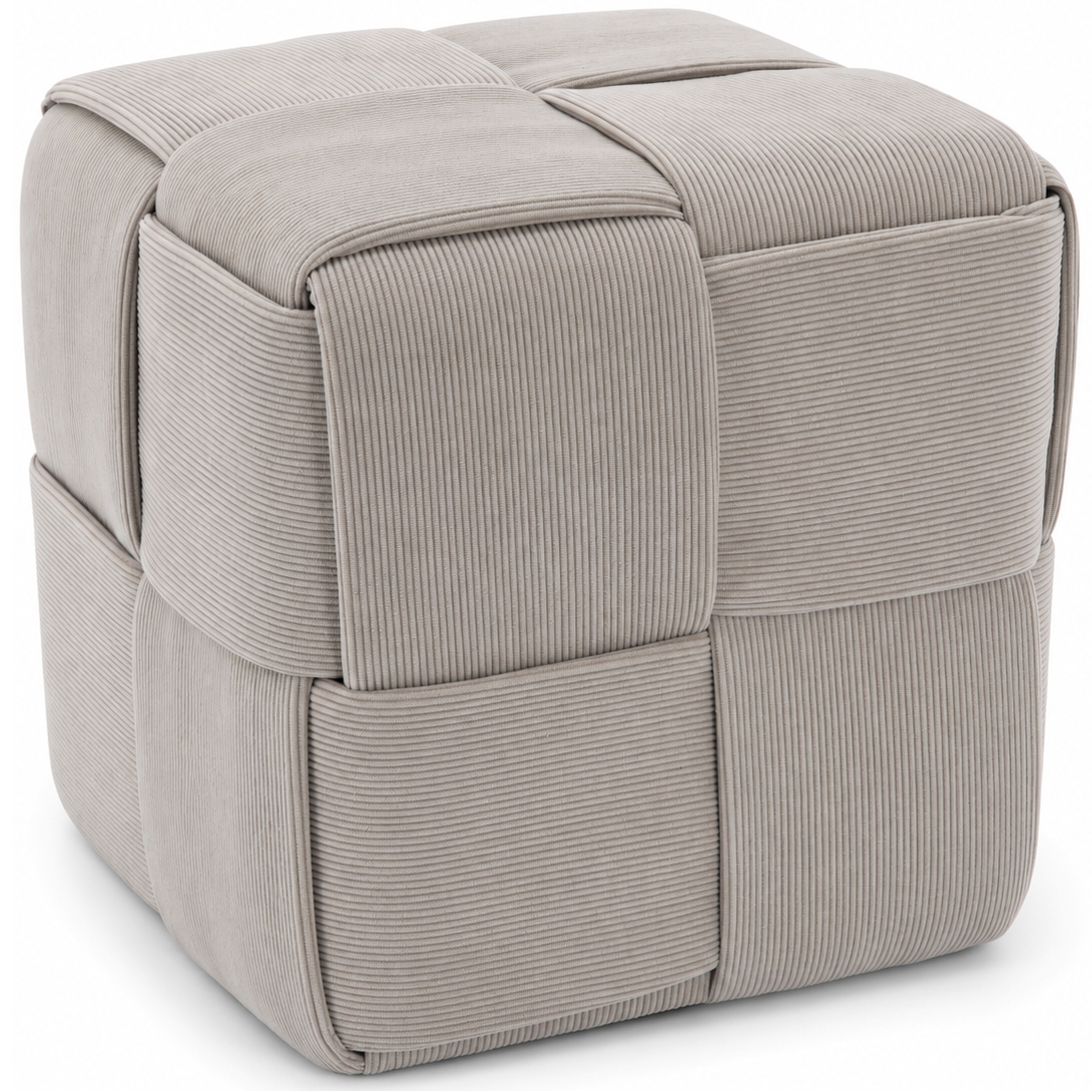 Taburet cub, tapitat cu material reiat, design impletit, 43x43x43 cm, gri