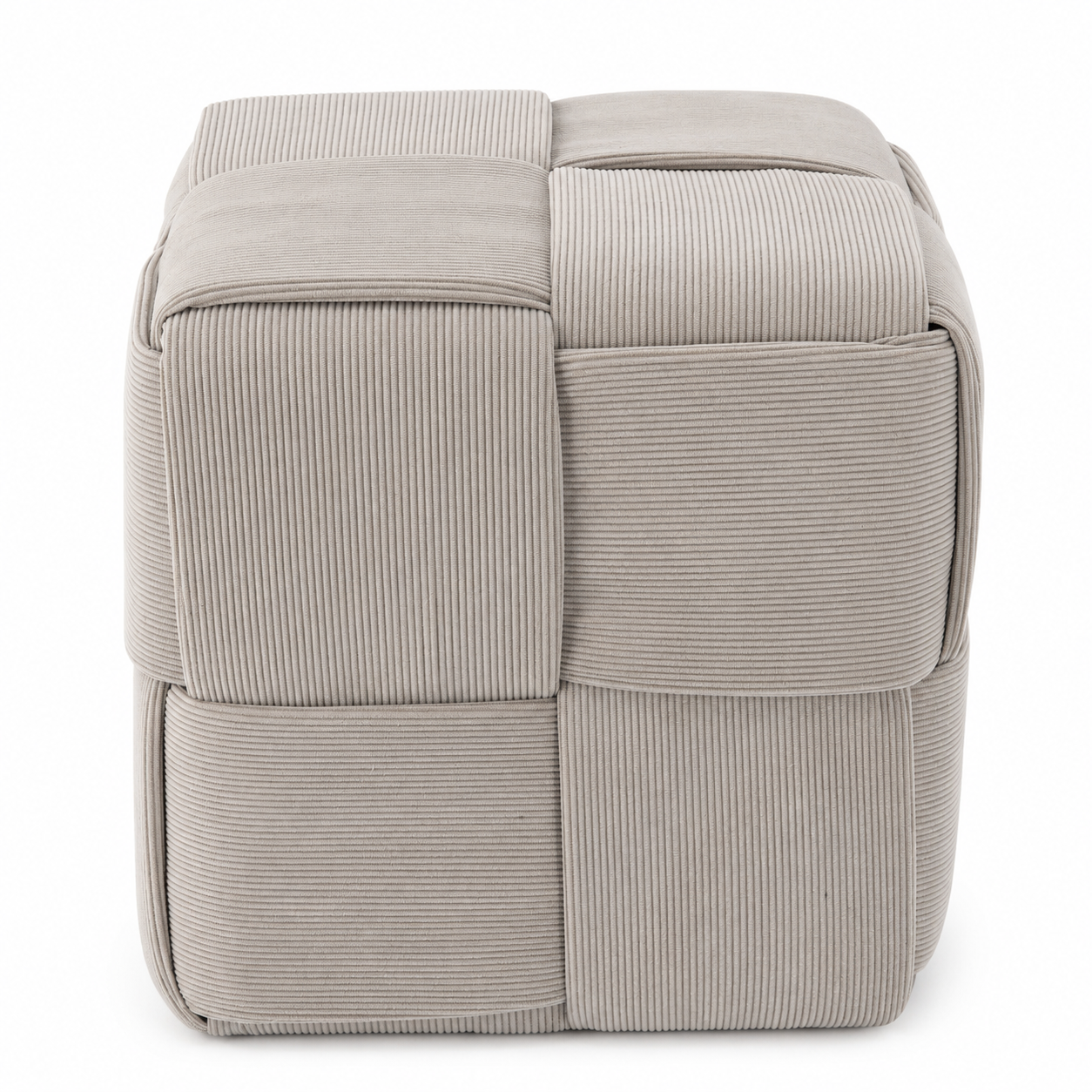 Taburet cub, tapitat cu material reiat, design impletit, 43x43x43 cm, gri - imagine 3