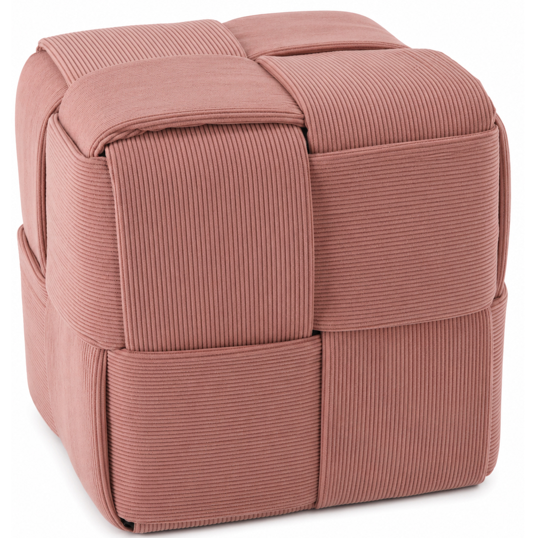 Taburet cub, tapitat cu material reiat, design impletit, 39x39x39 cm, roz