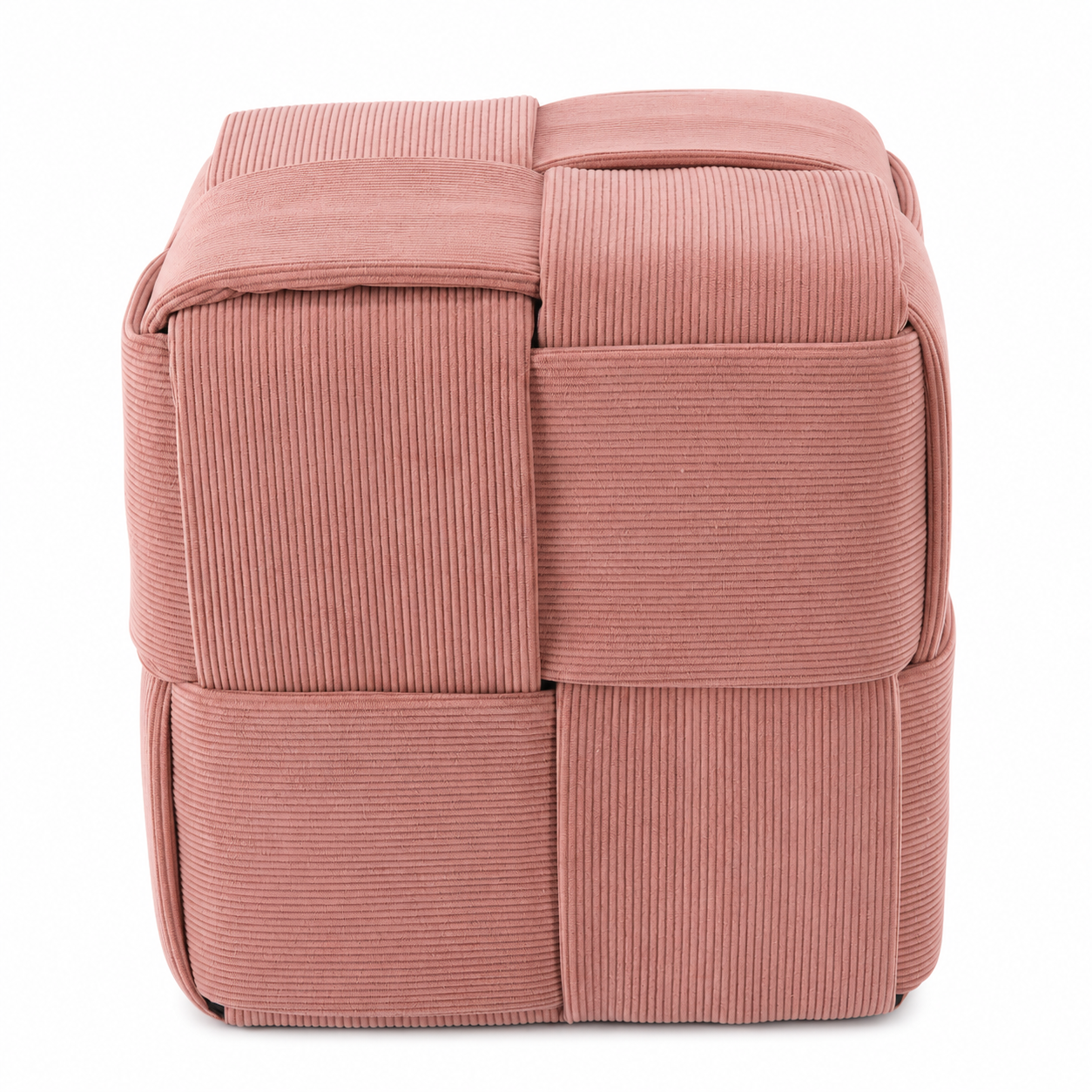 Taburet cub, tapitat cu material reiat, design impletit, 39x39x39 cm, roz - imagine 3