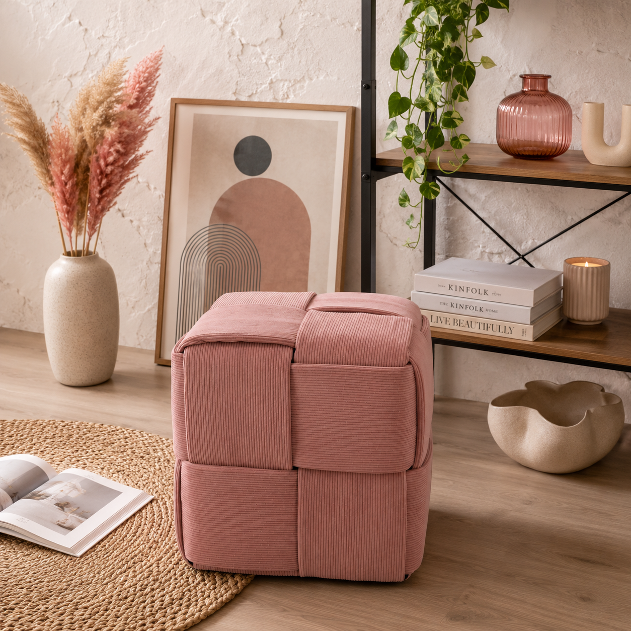 Taburet cub, tapitat cu material reiat, design impletit, 39x39x39 cm, roz - imagine 4