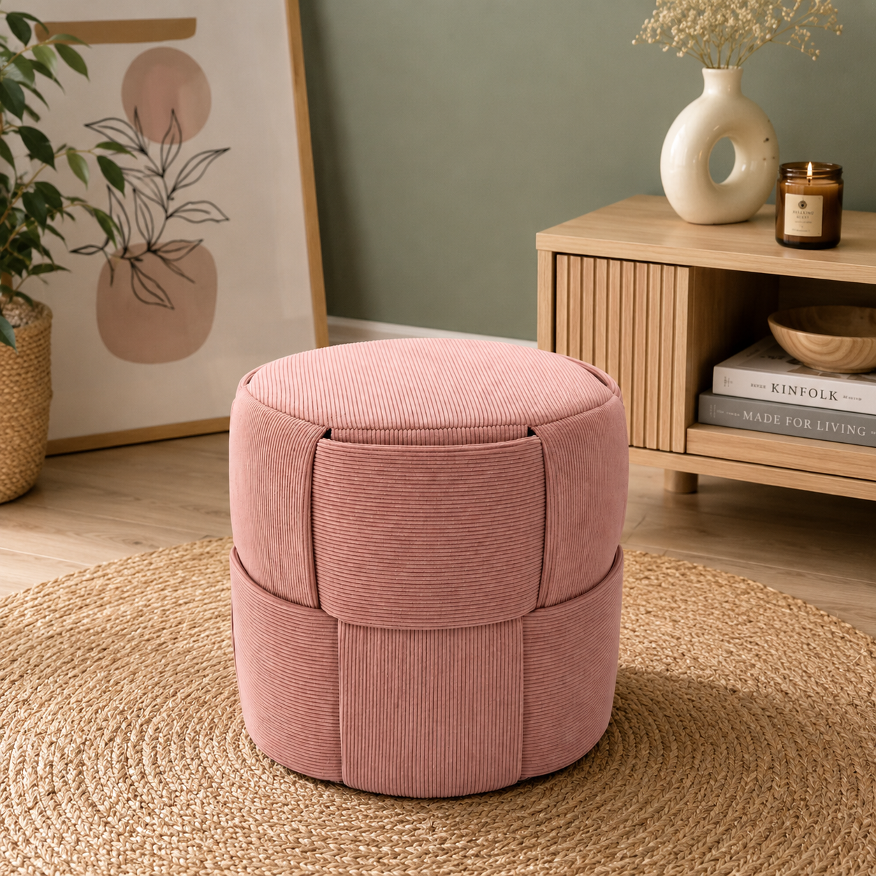 Taburet rotund pentru living si dormitor, design impletit, 38x38 cm, roz - imagine 2