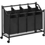 SONGMICS Cos de rufe mobil cu 4 saci detasabili cu manere, 180 litri, cadru metalic, 105x39x81 cm, negru