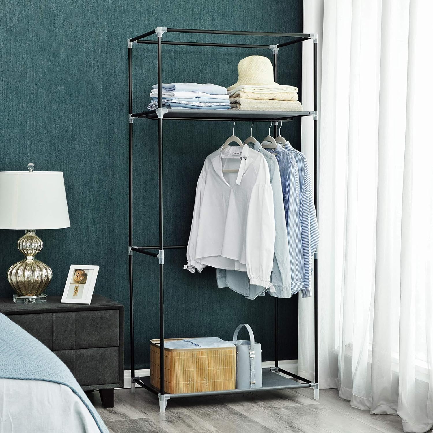 SONGMICS Dulap garderoba textil cu bara pentru haine si rafturi, organizator pentru dormitor sau dressing, 75x45x160 cm, gri - imagine 6