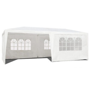 Cort de gradina 300x600 cm, 6 pereti detasabili cu ferestre si usa, structura metalica, PE impermeabil, alb