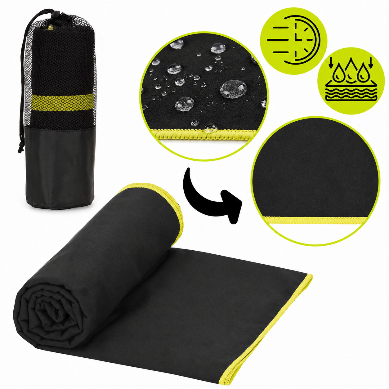 Prosop cu uscare rapida 100x180 cm, microfibra 200 GSM, cu husa transport, negru - imagine 9