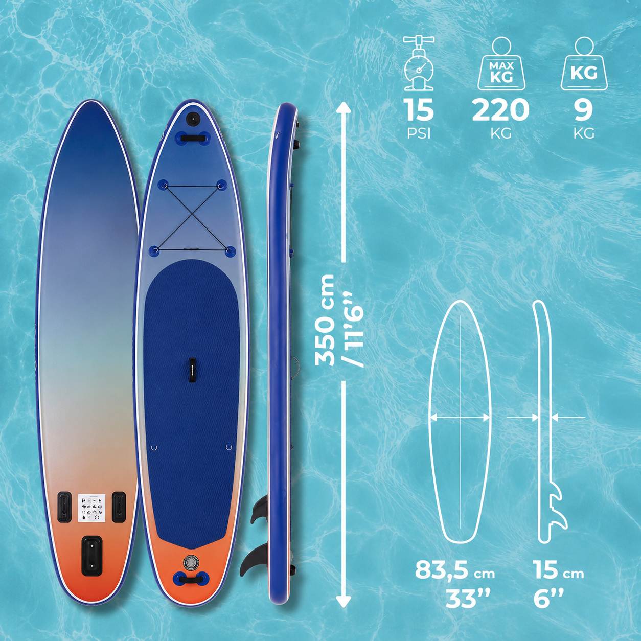 Set placa gonflabila Stand Up PaddleBoard 350x84x15 cm, cu pompa, scaun kayak, kit de reparatii, geanta de transport, vasla 2 in 1, maxim 220 kg, albastru - imagine 26