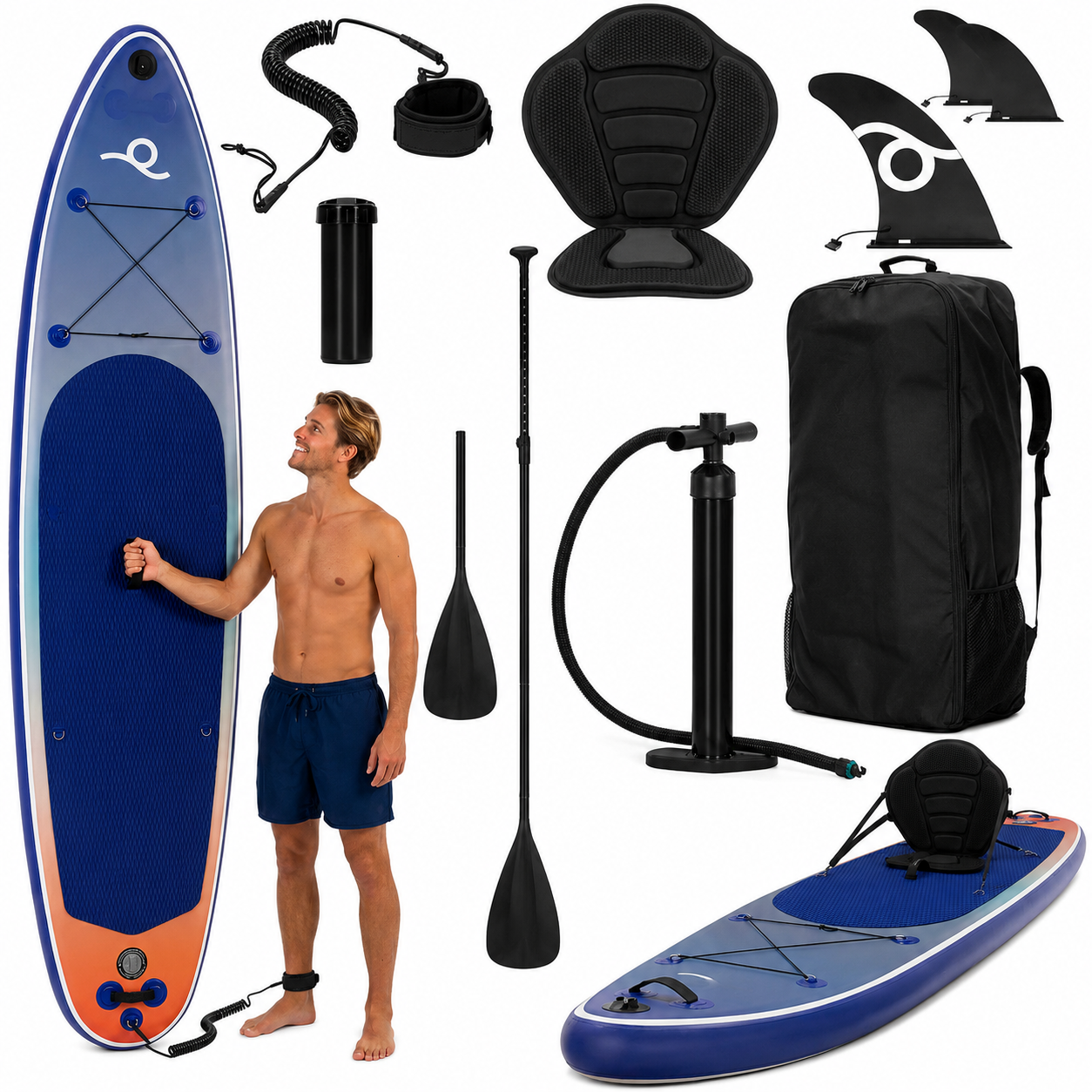 Set placa gonflabila Stand Up PaddleBoard 350x84x15 cm, cu pompa, scaun kayak, kit de reparatii, geanta de transport, vasla 2 in 1, maxim 220 kg, albastru - imagine 32