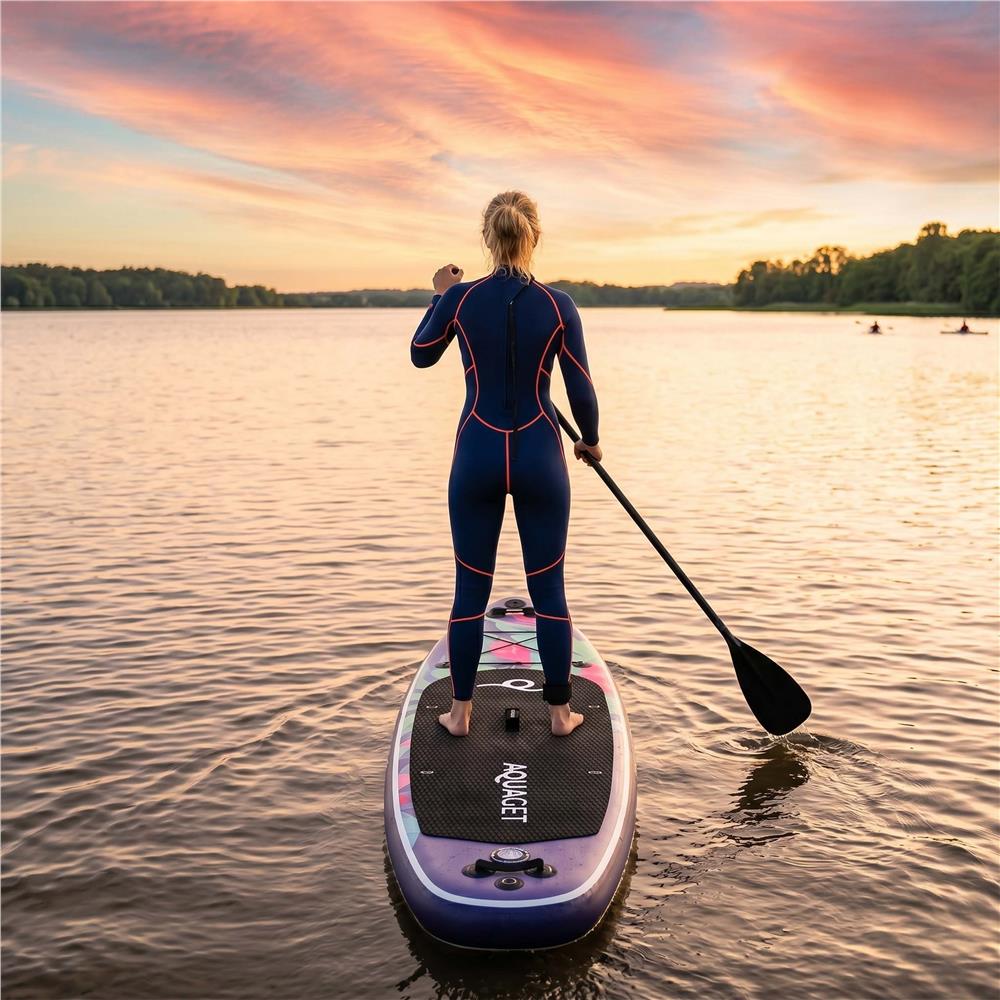 Set placa gonflabila Stand Up PaddleBoard 320x81x15 cm, cu pompa, scaun kayak, kit de reparatii, geanta de transport, vasla 2 in 1, maxim 150 kg, mov floral - imagine 3