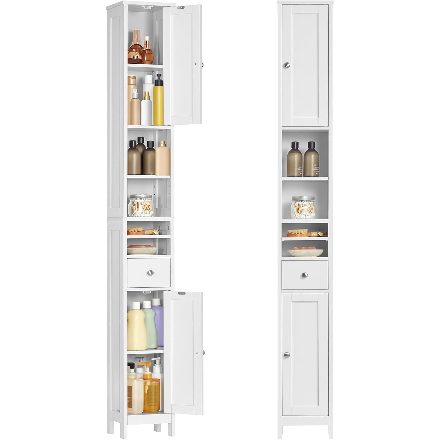 VASAGLE Dulap inalt pentru baie, ingust tip coloana,, cu sertar, rafturi reglabile si compartimente deschise, MDF, 21x20x180 cm, alb - imagine 8