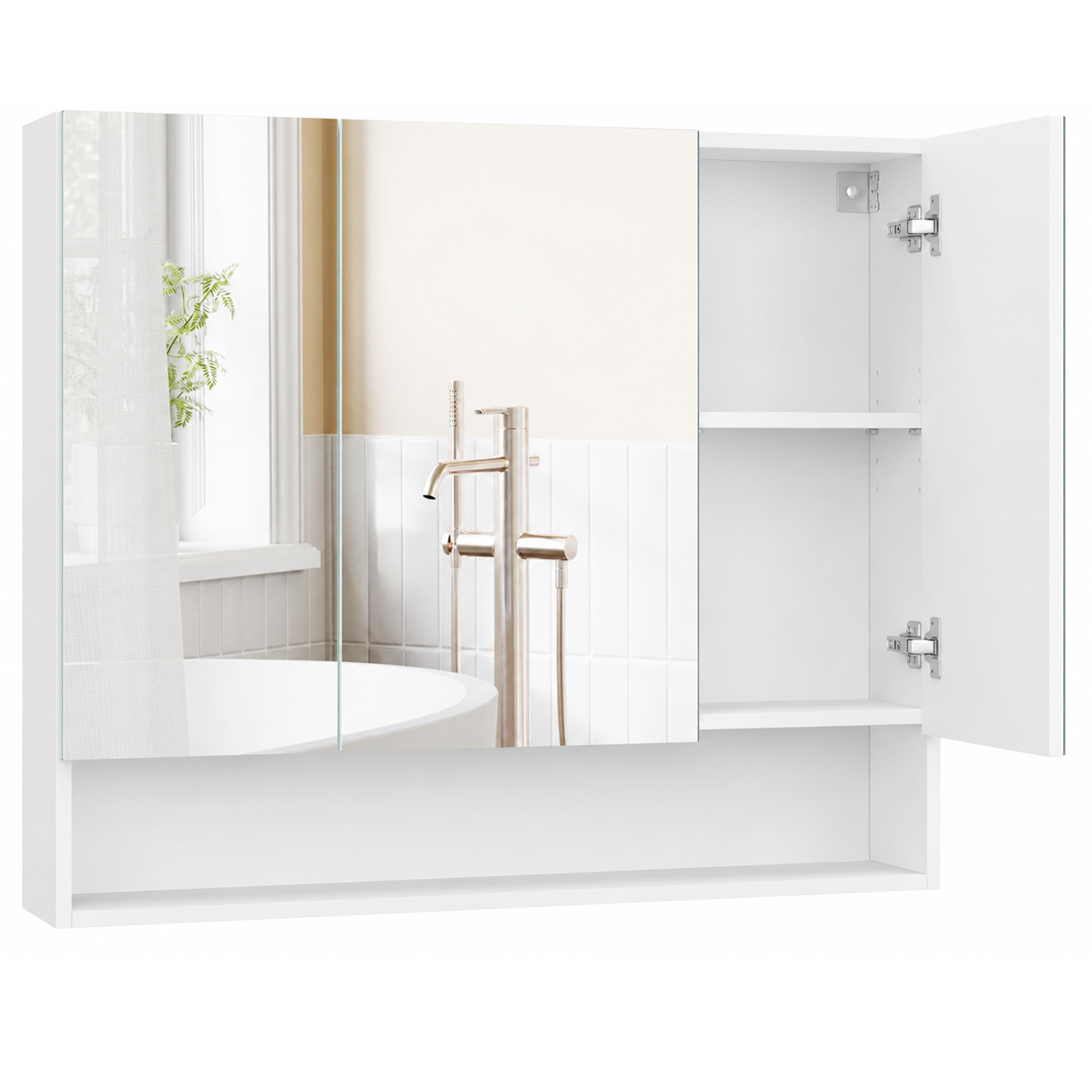 VASAGLE Dulap suspendat cu oglinda pentru baie, cu 3 usi si compartiment deschis, rafturi reglabile, 90x15x75 cm, alb