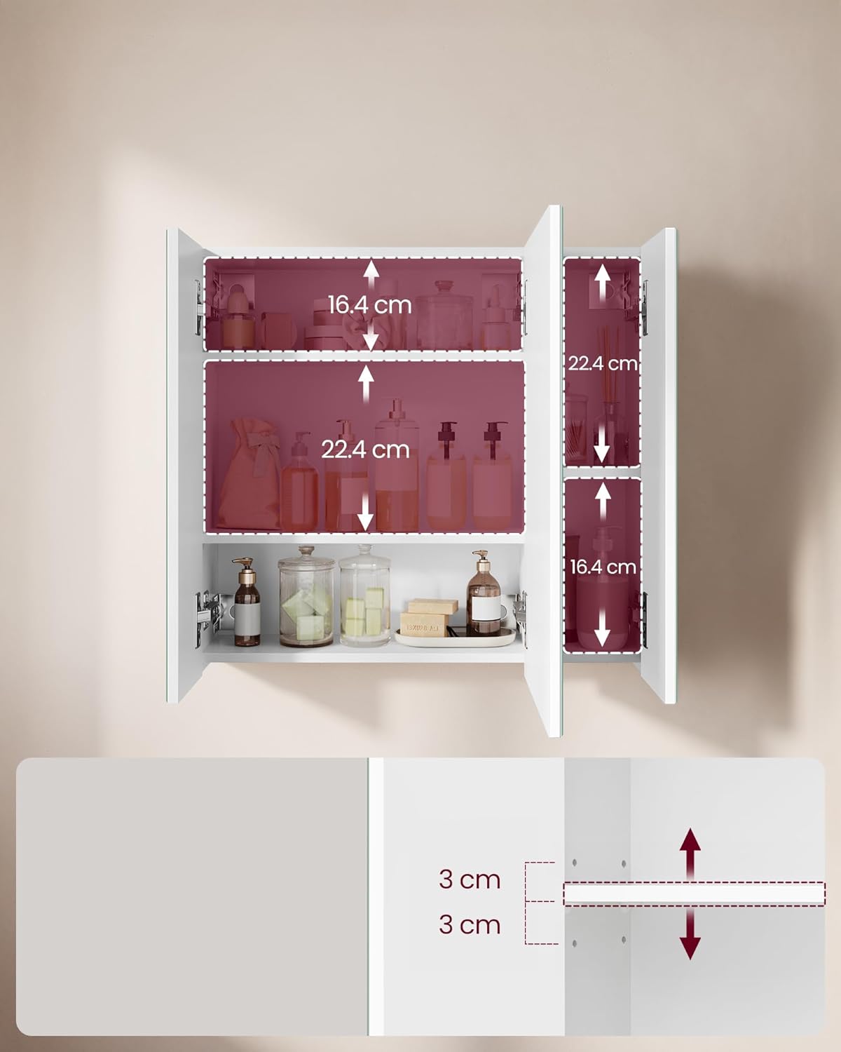 RESIGILAT: VASAGLE Dulap suspendat pentru baie cu 3 usi, oglinda si rafturi reglabile, PAL si sticla, 60x15x55 cm, alb - imagine 6