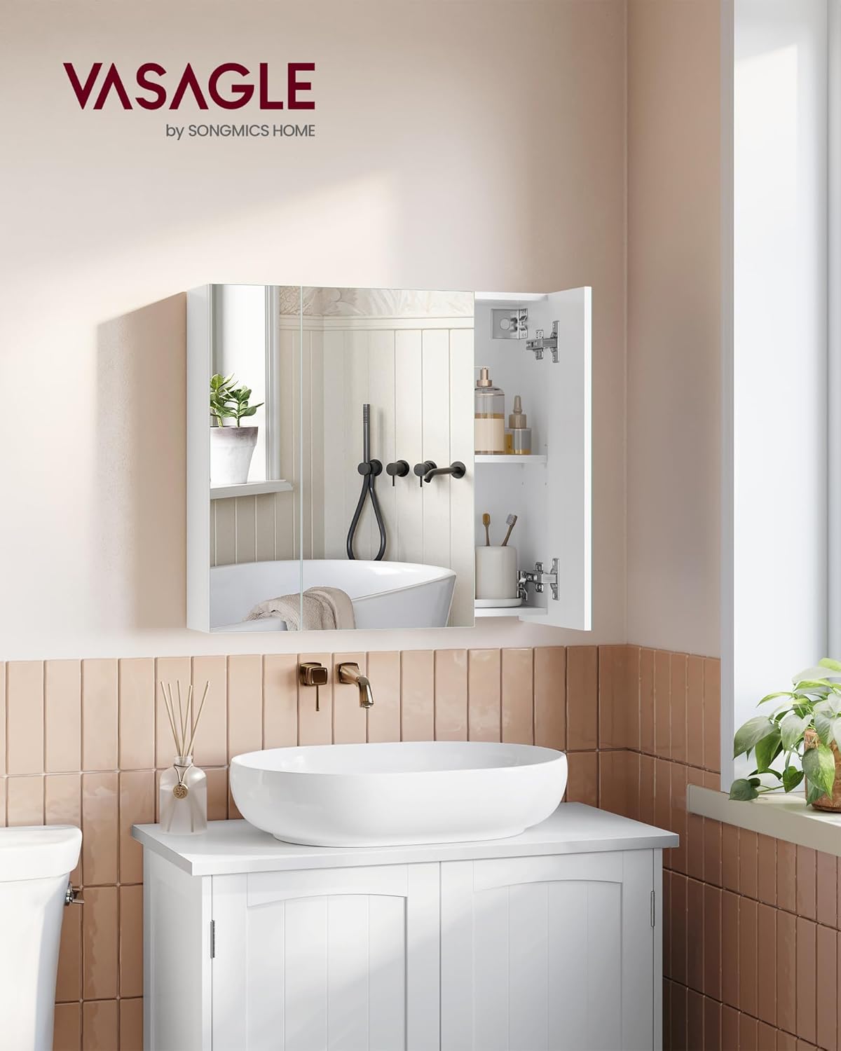 RESIGILAT: VASAGLE Dulap suspendat pentru baie cu 3 usi, oglinda si rafturi reglabile, PAL si sticla, 60x15x55 cm, alb - imagine 7