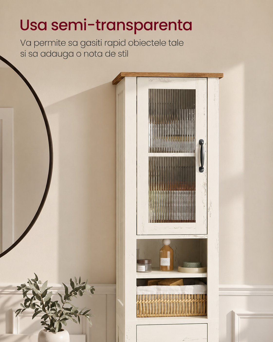 VASAGLE Dulap baie ingust Liry, tip coloana, cu sertar, compartimente deschise si usi, MDF, 33x32x171 cm, alb rustic - imagine 3