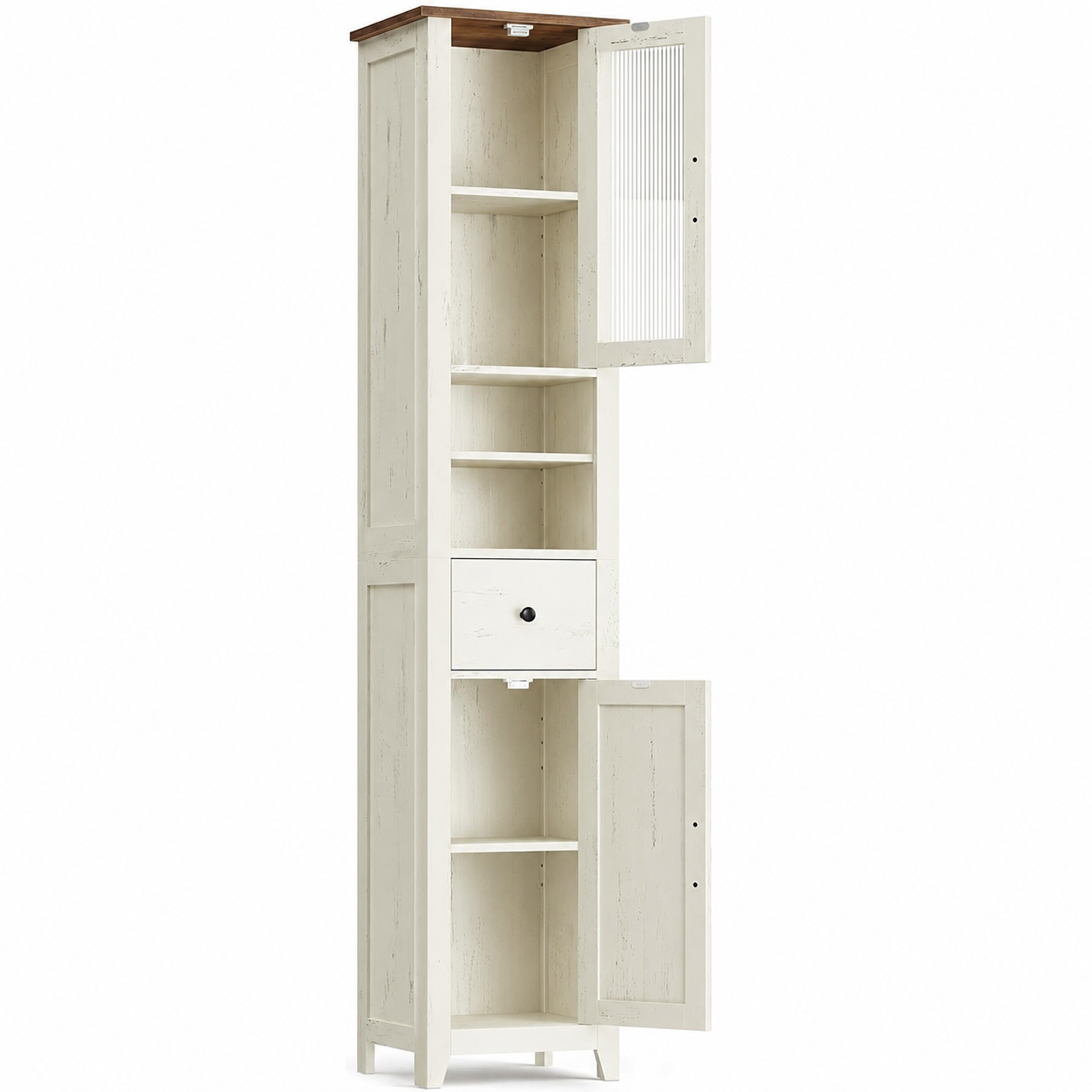 VASAGLE Dulap baie ingust Liry, tip coloana, cu sertar, compartimente deschise si usi, MDF, 33x32x171 cm, alb rustic - imagine 10