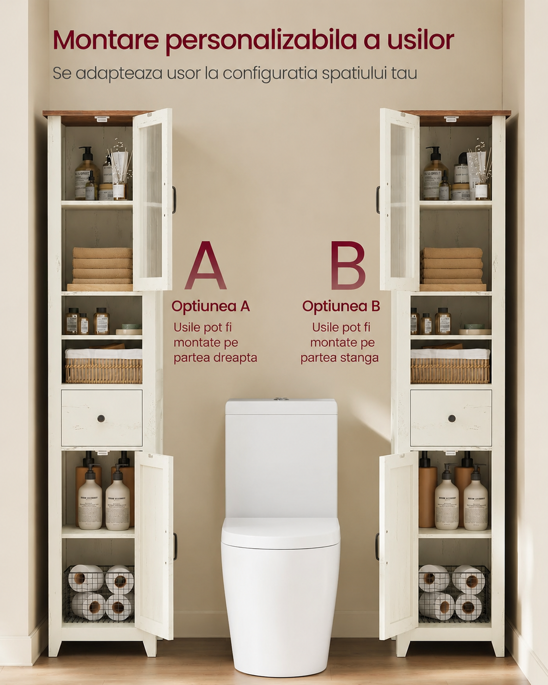 VASAGLE Dulap baie ingust Liry, tip coloana, cu sertar, compartimente deschise si usi, MDF, 33x32x171 cm, alb rustic - imagine 5