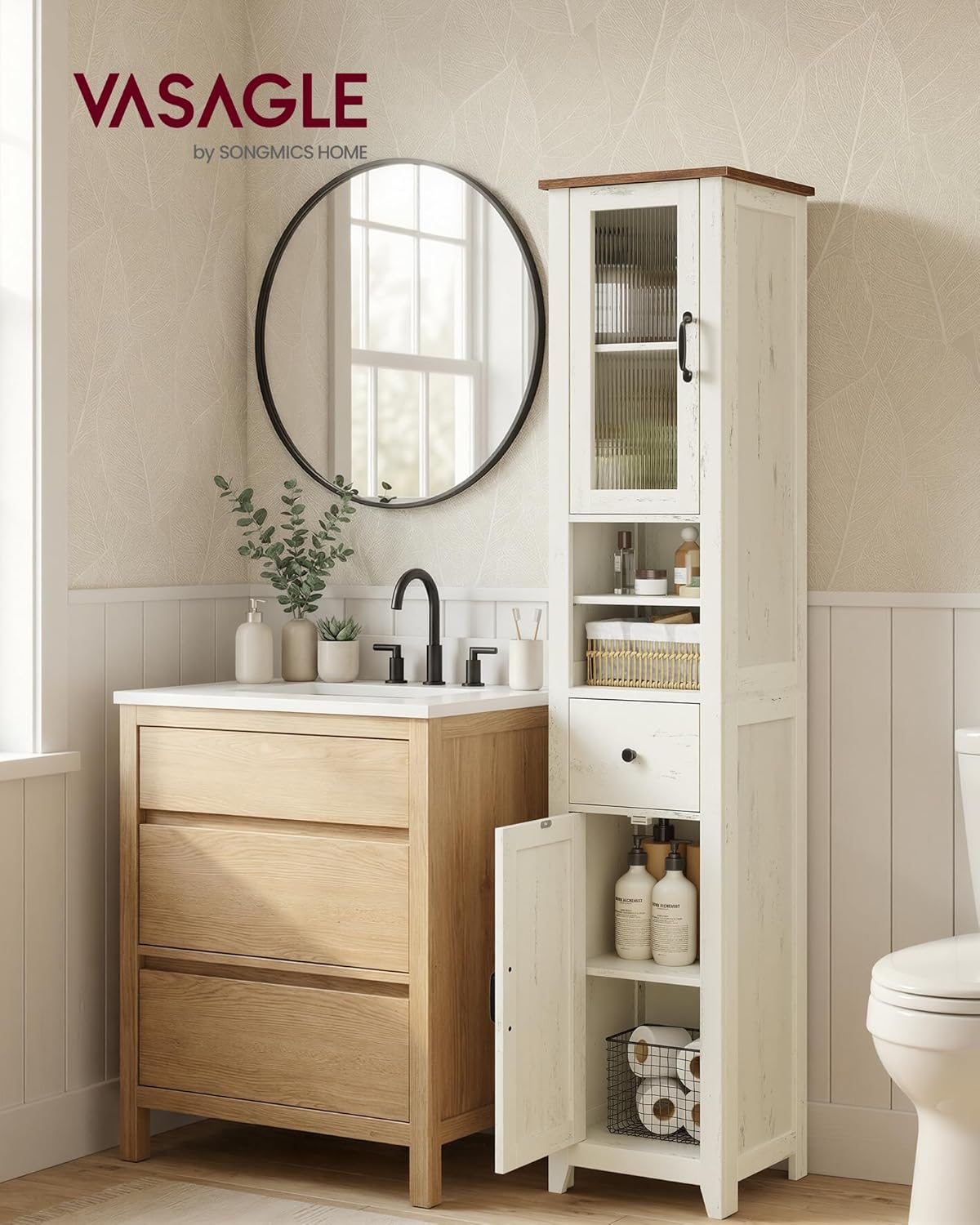 VASAGLE Dulap baie ingust Liry, tip coloana, cu sertar, compartimente deschise si usi, MDF, 33x32x171 cm, alb rustic - imagine 6