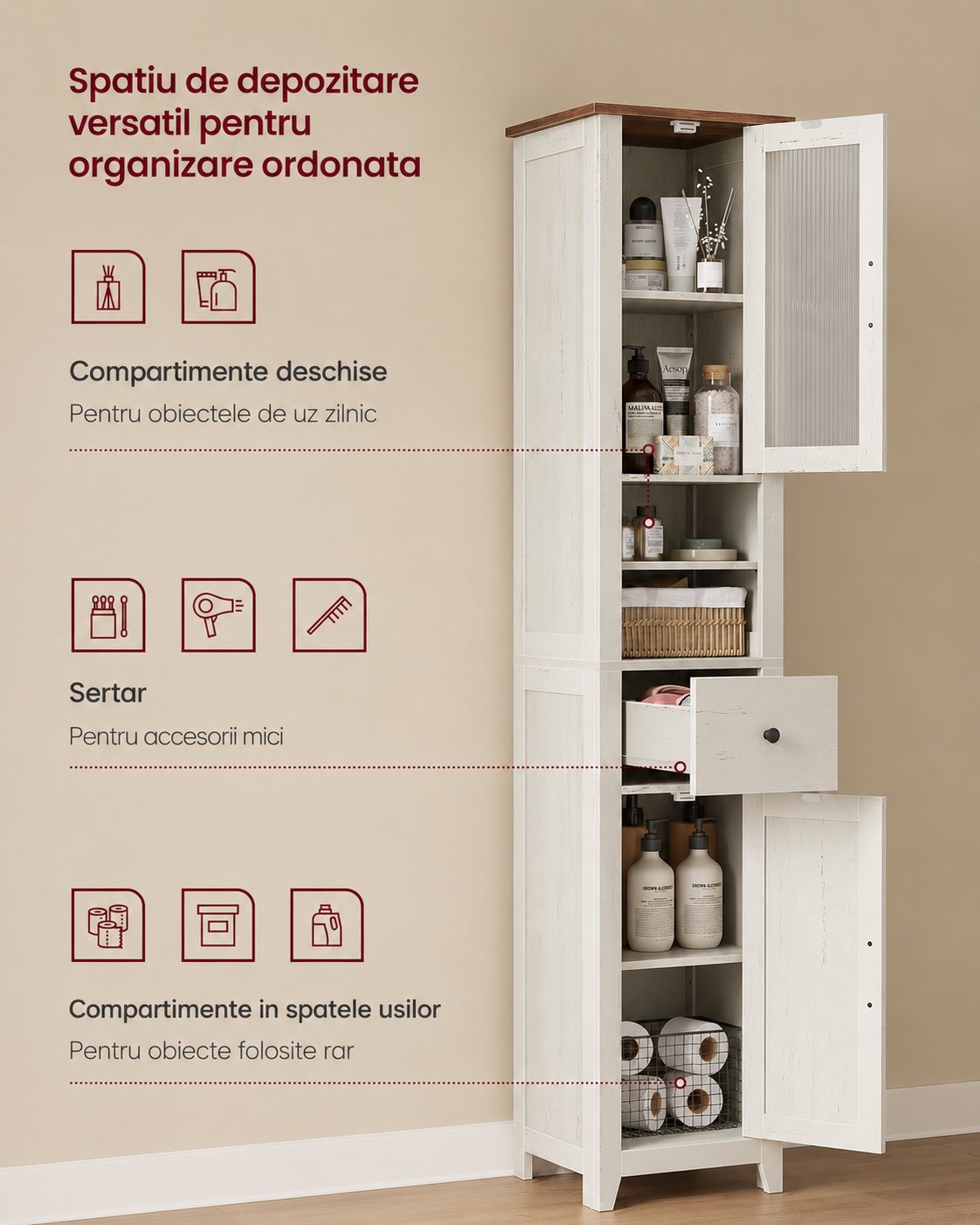 VASAGLE Dulap baie ingust Liry, tip coloana, cu sertar, compartimente deschise si usi, MDF, 33x32x171 cm, alb rustic - imagine 7