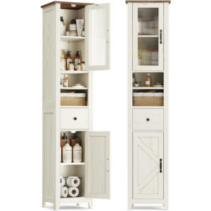 VASAGLE Dulap baie ingust Liry, tip coloana, cu sertar, compartimente deschise si usi, MDF, 33x32x171 cm, alb rustic